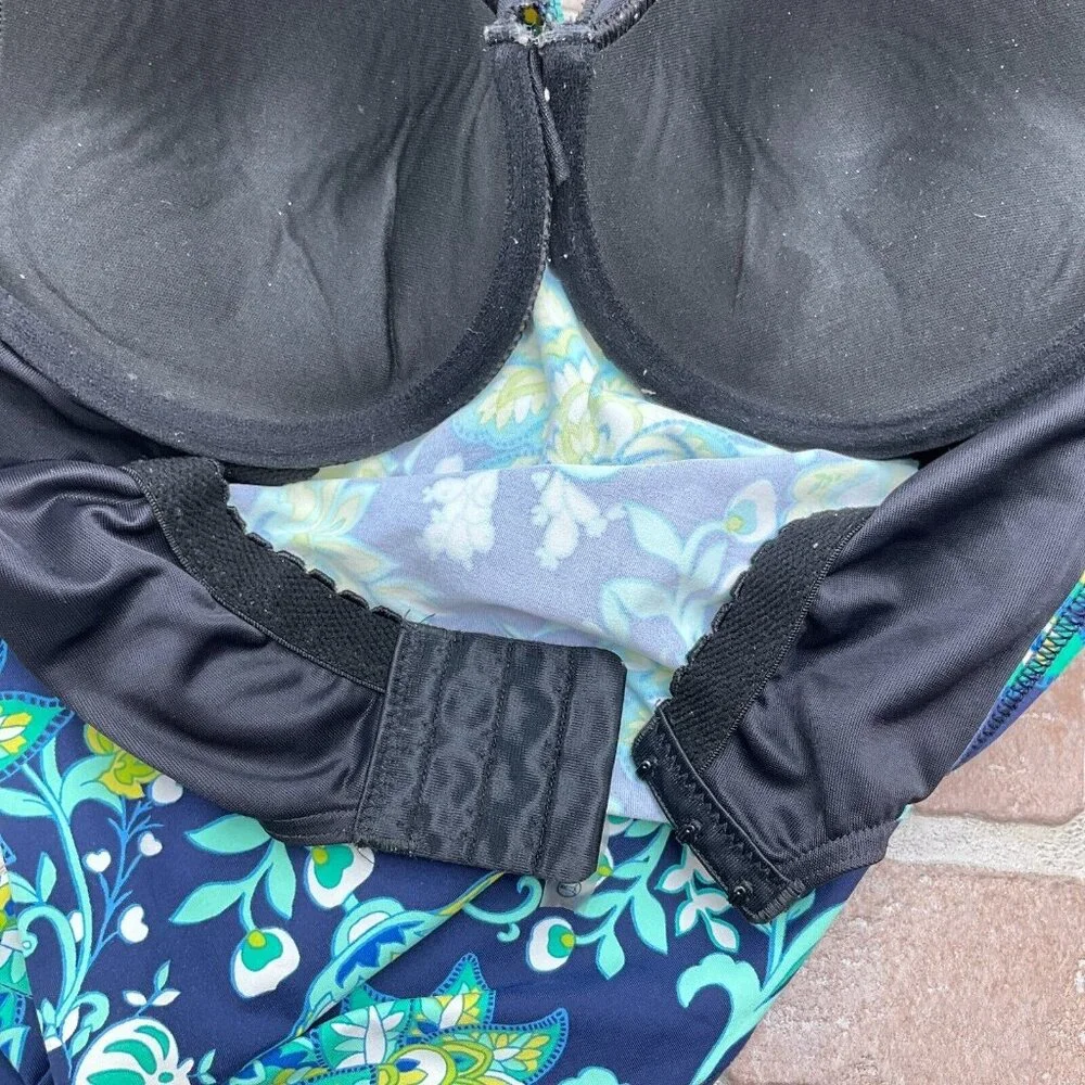 Lands End Tankini Top Women 30D/32C Blue‎ Green Floral Twist Underwire Pads Bra